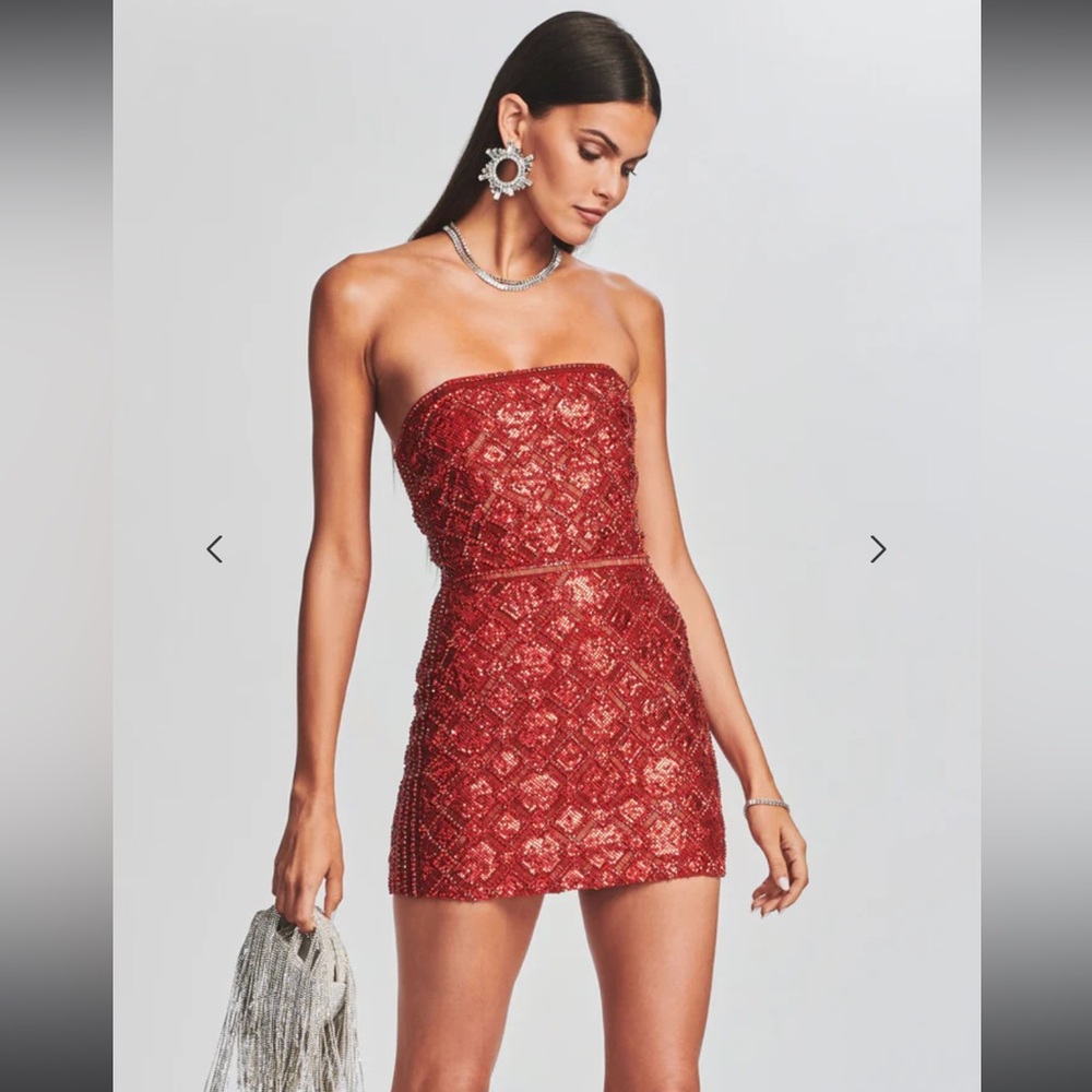 $995 Retrofête HEATHER SEQUIN CHAINMAIL DRESS in Red